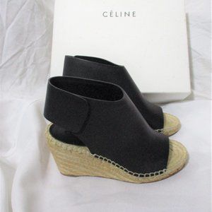 NEW CELINE PARIS High Heel Wedge Leather Moc Shoe 36 BLACK Espadrille